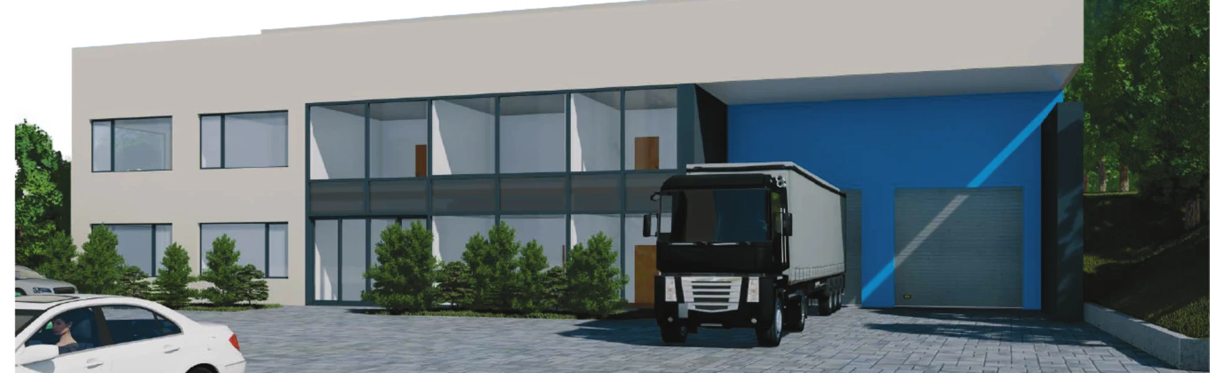 Front visualisation of the Biatorbágy industrial hall and office building