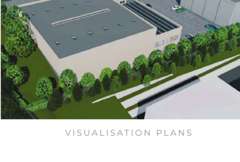 Site visualisation with hall roof and surrounding service roads
