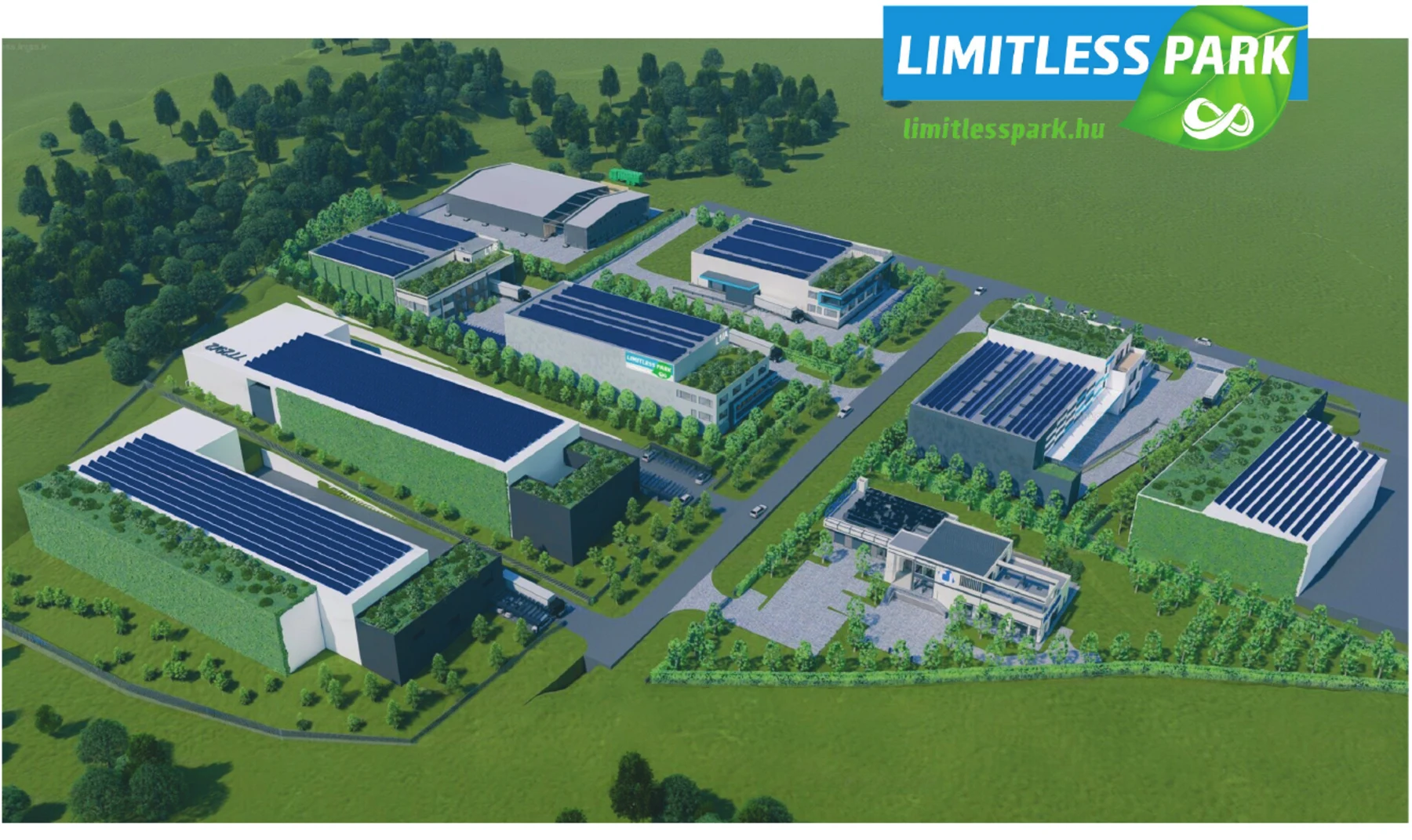 Limitless Park masterplan visualisation with multiple industrial buildings and green roofs