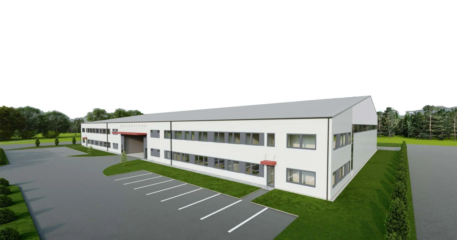 Visualisation of the industrial hall building with offices and parking