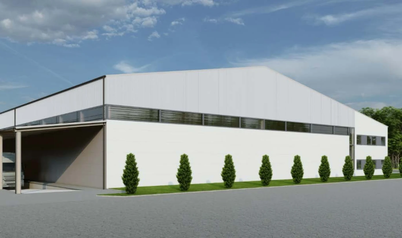 Side visualisation of a white industrial hall