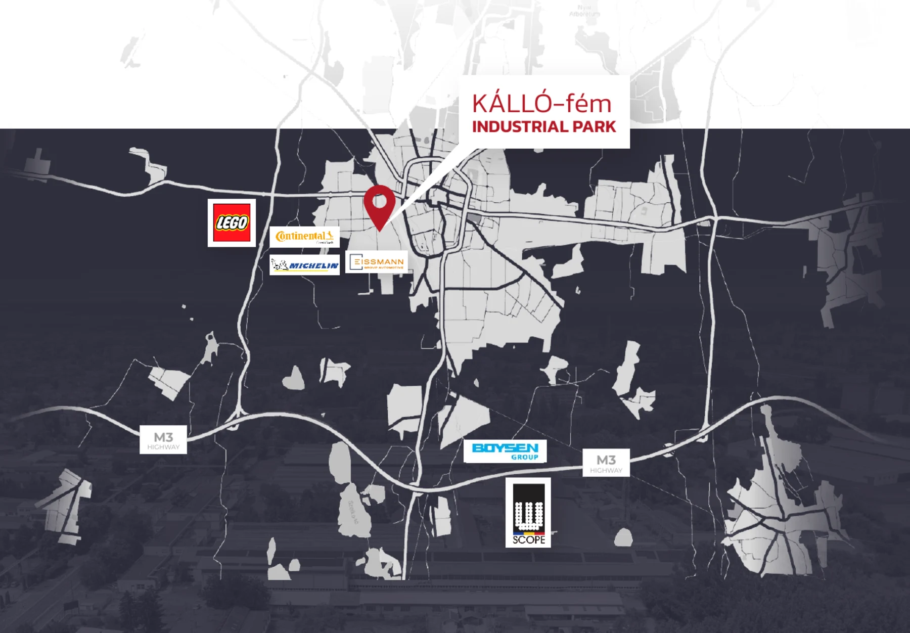 Nyíregyháza industrial park map showing KÁLLÓ-fém Industrial Park and nearby M3 highway