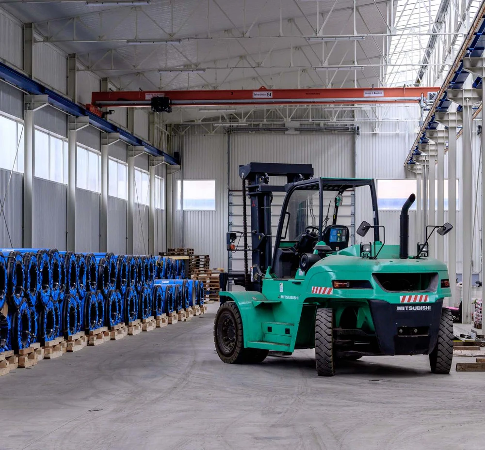 Forklift with stored industrial materials