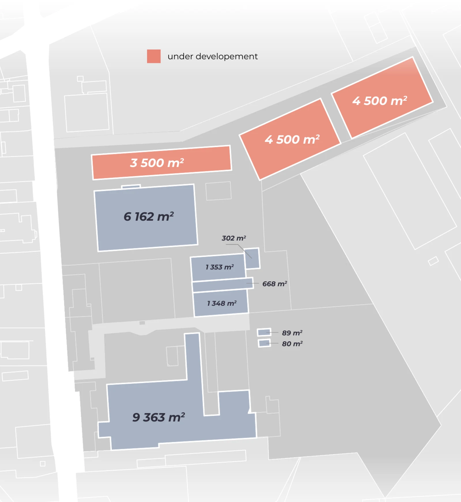 Industrial hall site plan with available and development areas marked